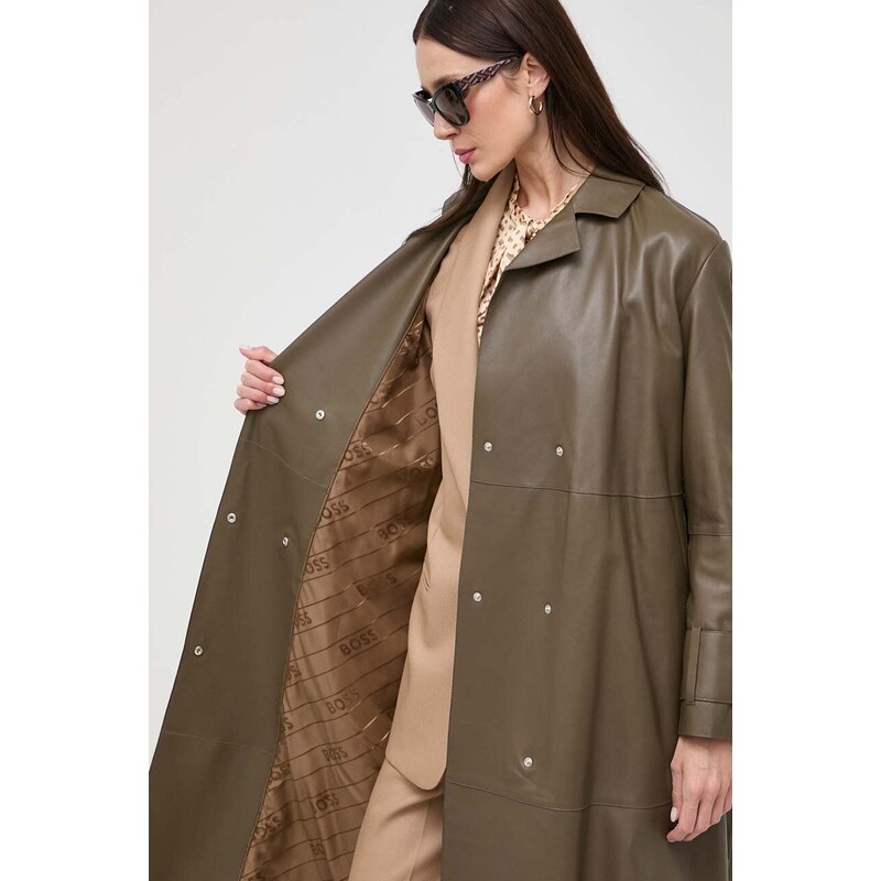 Kožený kabát BOSS dámský, hnědá barva, přechodný