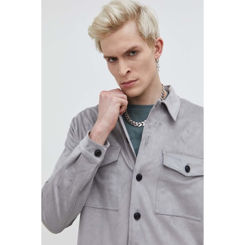 Košile HUGO pánská, šedá barva, regular, s klasickým límcem