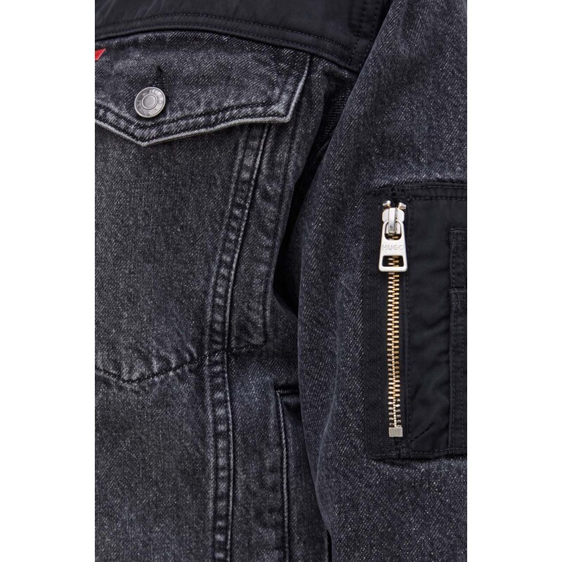 Džínová bunda HUGO pánská, šedá barva, přechodná