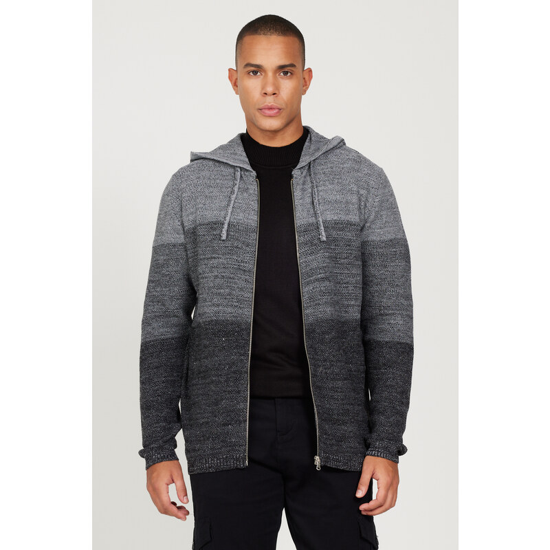 AC&Co / Altınyıldız Classics Men's Black-gray Standard Fit Regular Cut Hooded Patterned Knitwear Cardigan