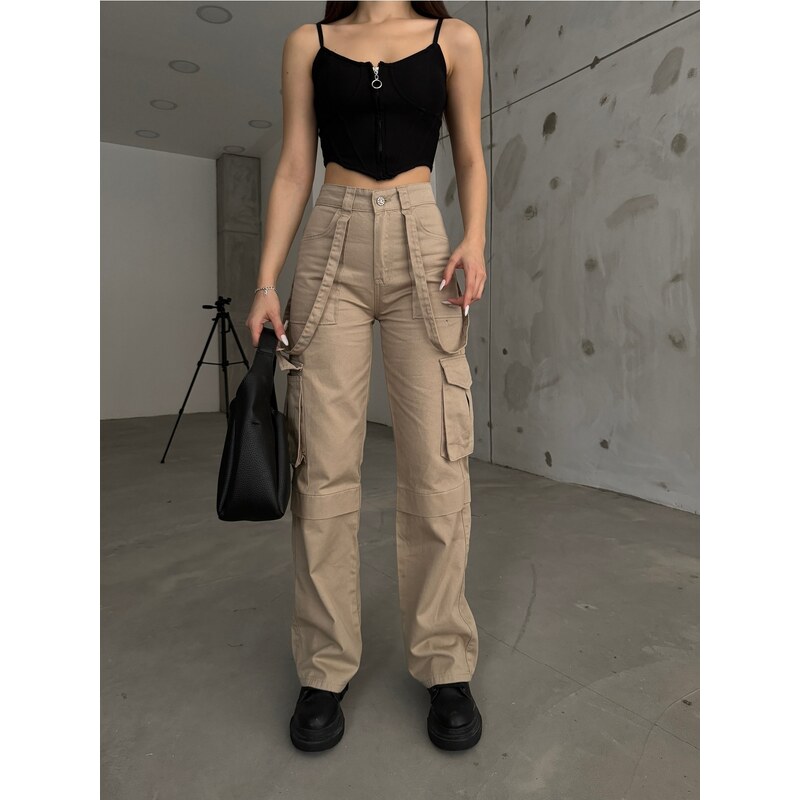BİKELİFE Women's Beige High Waist Multi-Pocket Strap Detail Straight Fit Cargo Pants