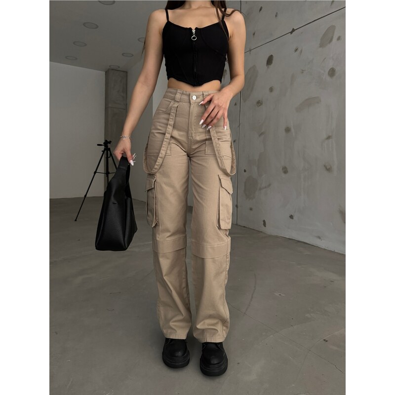 BİKELİFE Women's Beige High Waist Multi-Pocket Strap Detail Straight Fit Cargo Pants