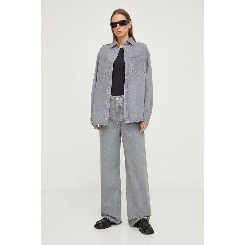 Džínová košile Samsoe Samsoe ELEANOR dámská, šedá barva, relaxed, s klasickým límcem, F23400134
