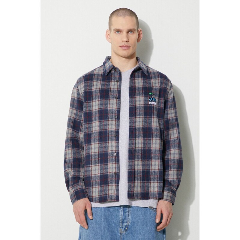 Košile Butter Goods Cherry Flannel Shirt pánská, tmavomodrá barva, regular, s klasickým límcem, BGQ423D12302