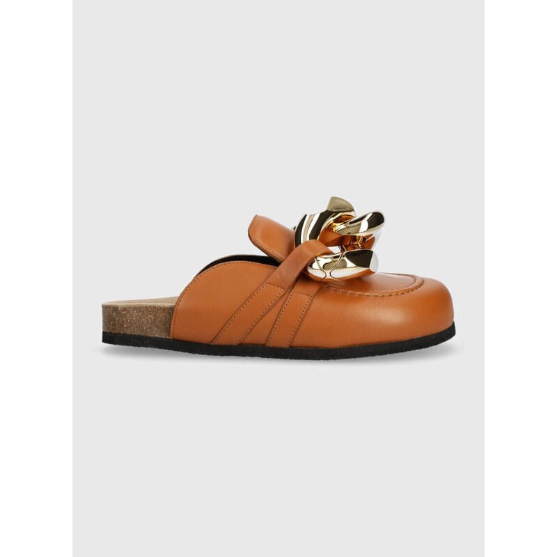 Kožené pantofle JW Anderson Chain Loafer dámské, hnědá barva, ANW35004E