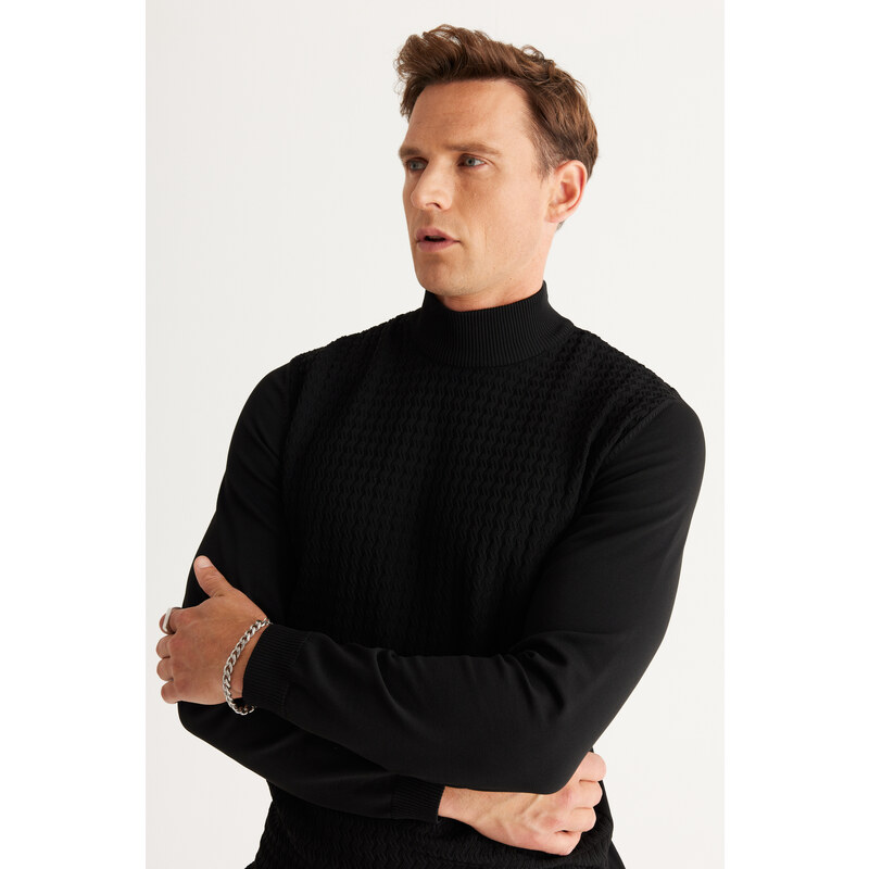 ALTINYILDIZ CLASSICS Men's Black Standard Fit Normal Cut Half Turtleneck Jacquard Knitwear Sweater