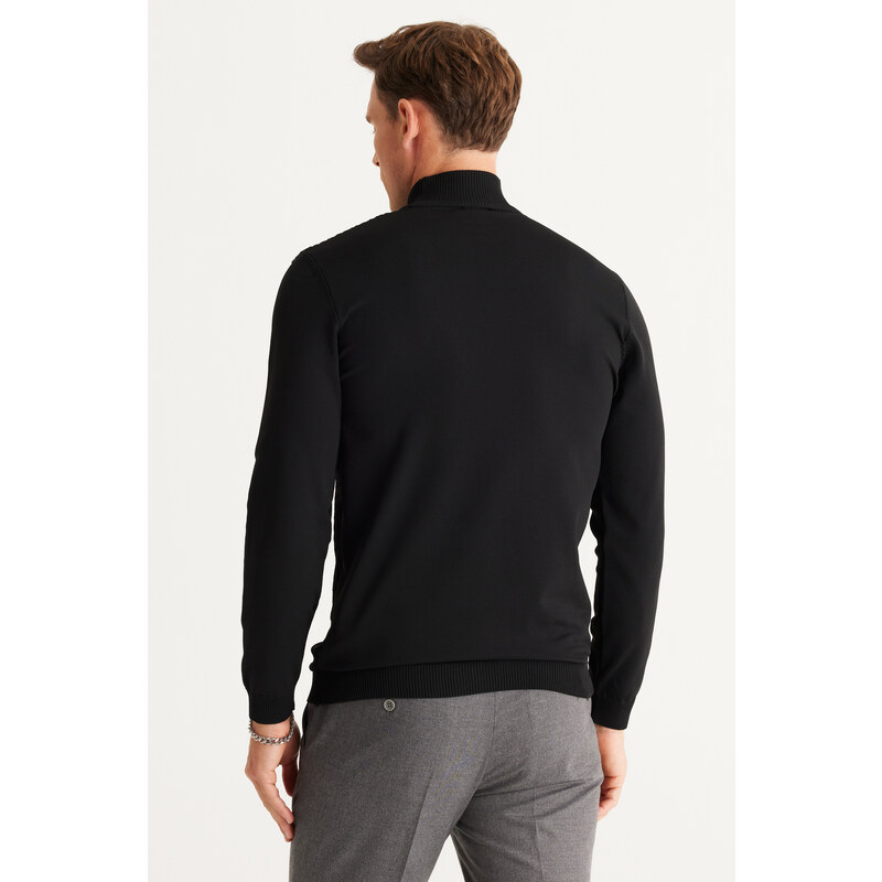 ALTINYILDIZ CLASSICS Men's Black Standard Fit Normal Cut Half Turtleneck Jacquard Knitwear Sweater