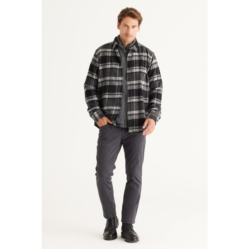 ALTINYILDIZ CLASSICS Men's Black-anthracite Comfort Fit Easy-Cut Collar with Buttons Checkered Flannel Shirt.