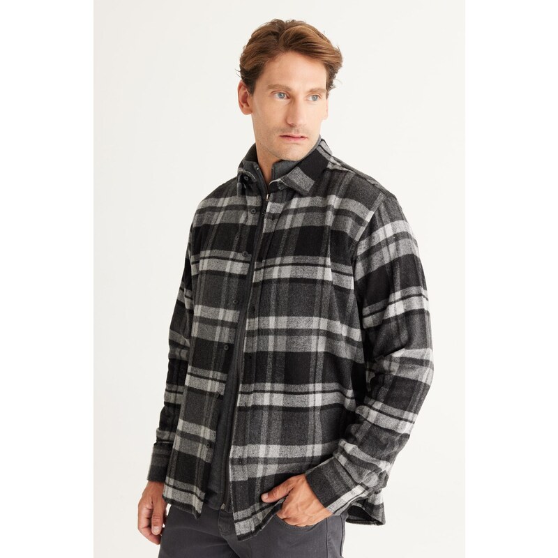 ALTINYILDIZ CLASSICS Men's Black-anthracite Comfort Fit Easy-Cut Collar with Buttons Checkered Flannel Shirt.