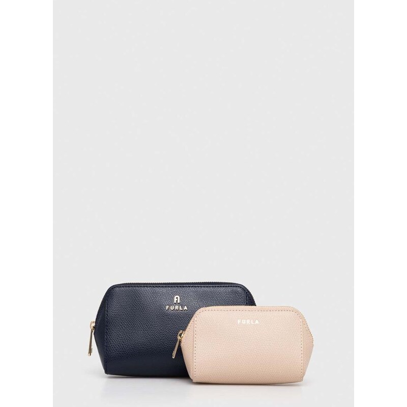 Kožená kosmetická taška Furla 2-pack tmavomodrá barva
