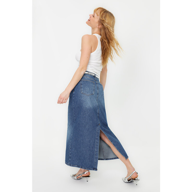 Trendyol Blue Stitching Detailed High Waist Maxi Denim Skirt