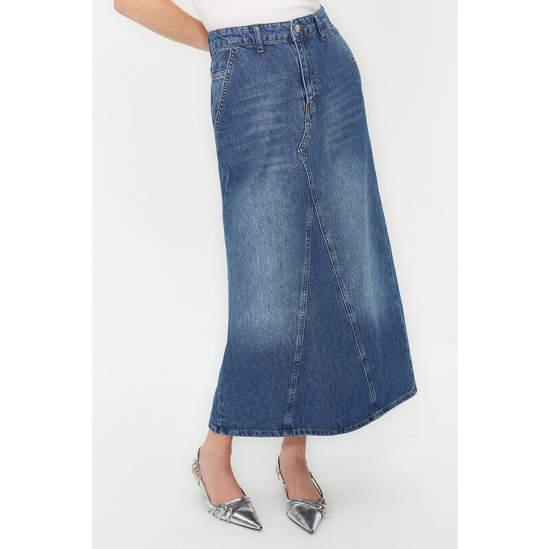 Trendyol Blue Stitching Detailed High Waist Maxi Denim Skirt