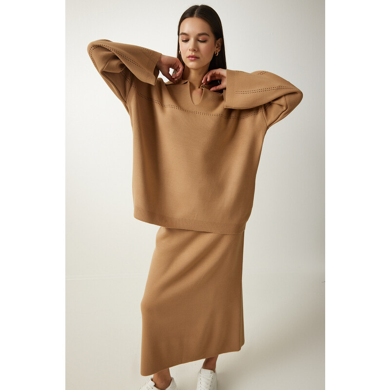 Happiness İstanbul Women Camel Polo Neck Stylish Knitwear Sweater Skirt Suit