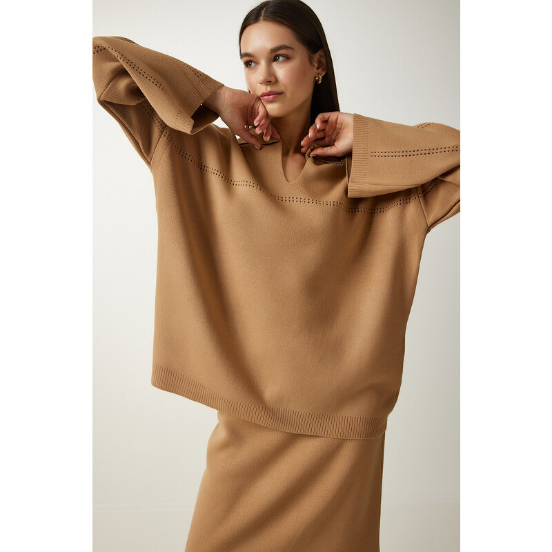 Happiness İstanbul Women Camel Polo Neck Stylish Knitwear Sweater Skirt Suit