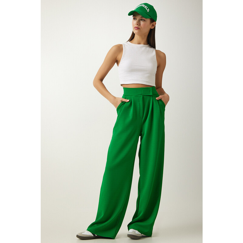 Happiness İstanbul Women's Vibrant Green Velcro Waist Comfortable Palazzo Pants