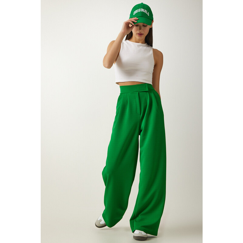 Happiness İstanbul Women's Vibrant Green Velcro Waist Comfortable Palazzo Pants