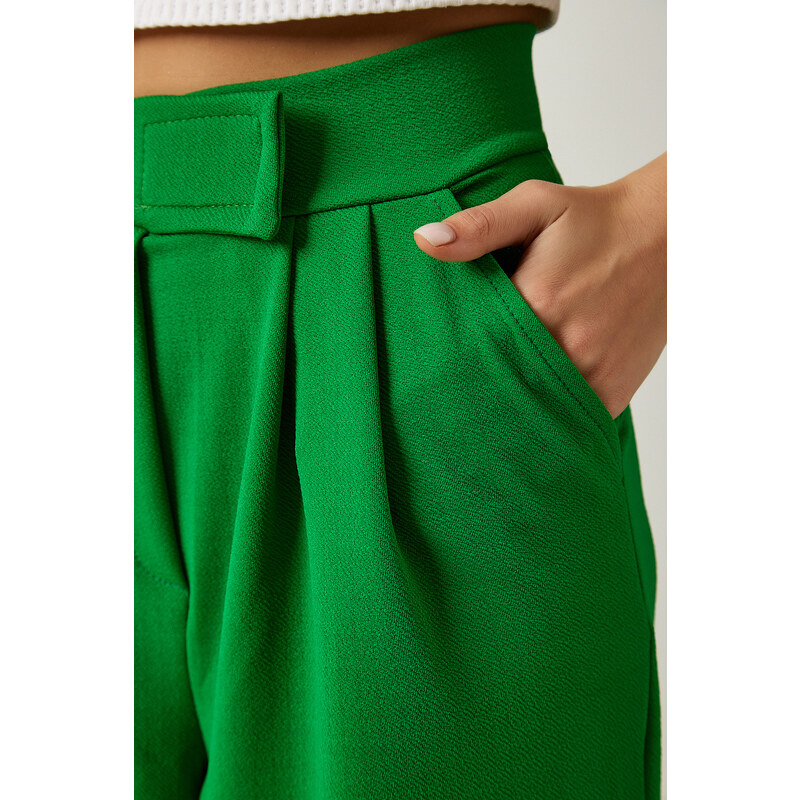 Happiness İstanbul Women's Vibrant Green Velcro Waist Comfortable Palazzo Pants