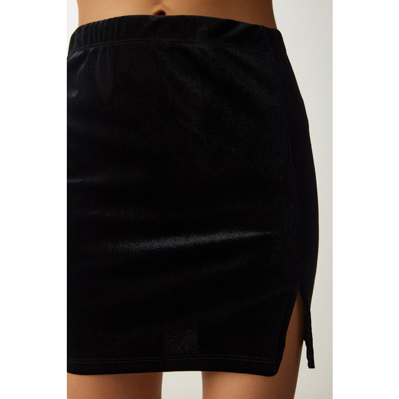 Happiness İstanbul Women's Black Slit Velvet Mini Skirt