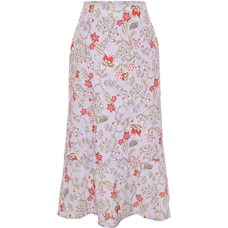 Trendyol Lilac Skirt Flounce Viscose Fabric Animal Pattern Midi Woven Skirt