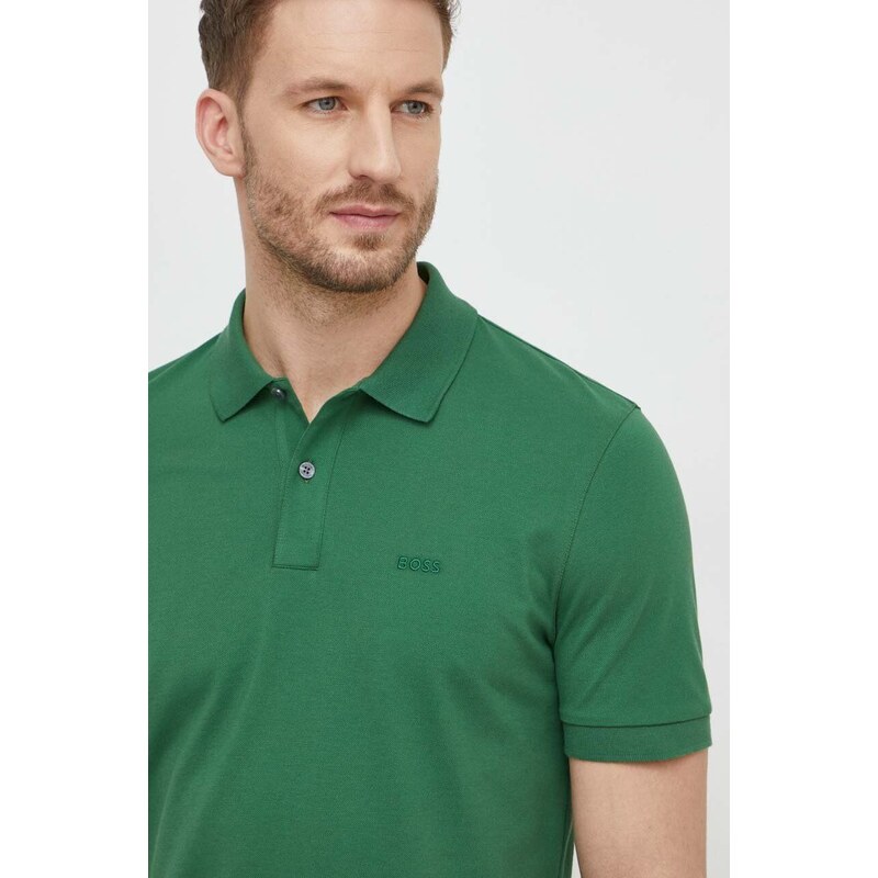 Bavlněné polo tričko BOSS zelená barva