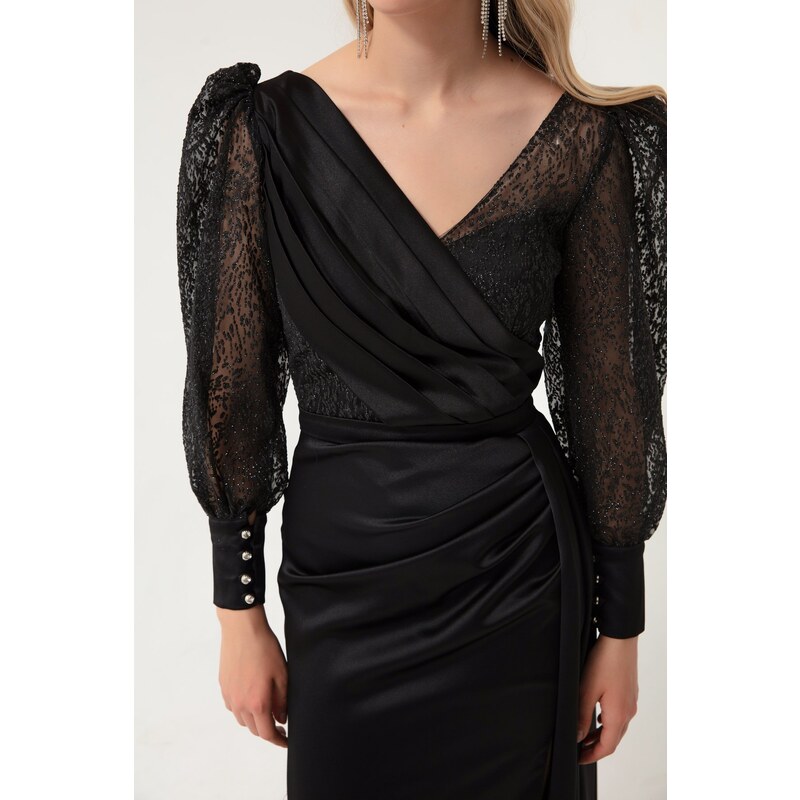 Lafaba Women's Black Double Breasted Collar Glittery Long Satin Evening Dress.