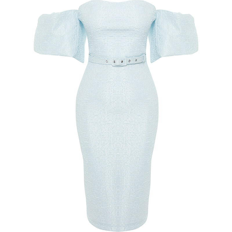 Trendyol Light Blue Belted Lined Textured Woven Self Patterned Elegant Evening Dress