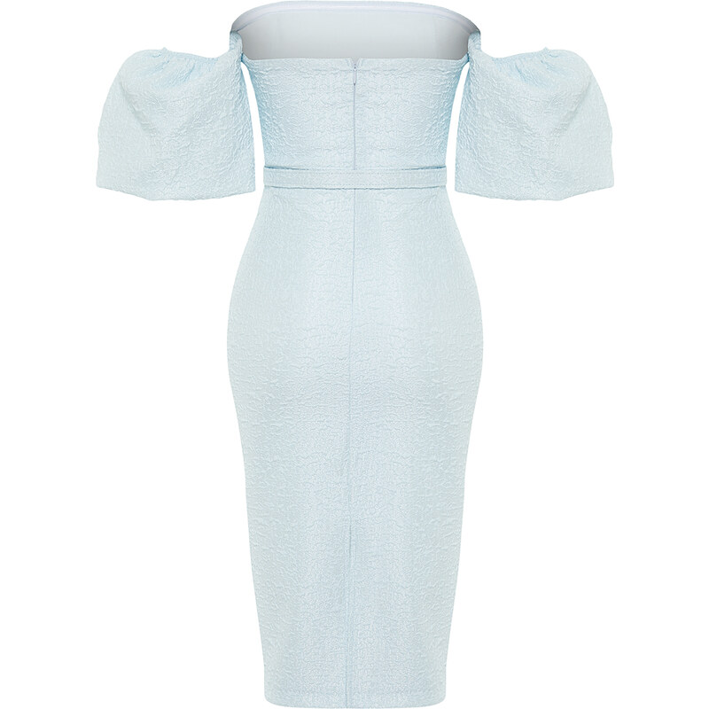 Trendyol Light Blue Belted Lined Textured Woven Self Patterned Elegant Evening Dress