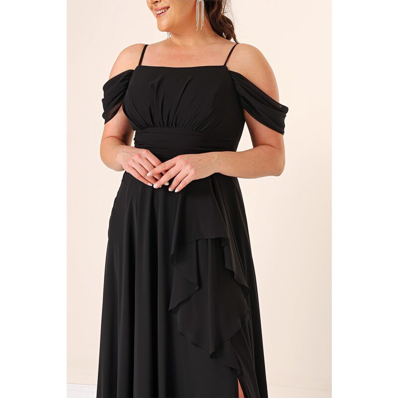 By Saygı Rope Straps Frill Front Low Sleeve Lined Plus Size Chiffon Dress