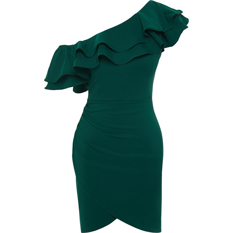 Trendyol Emerald Green Single Sleeve Ruffled Elegant Evening Dress