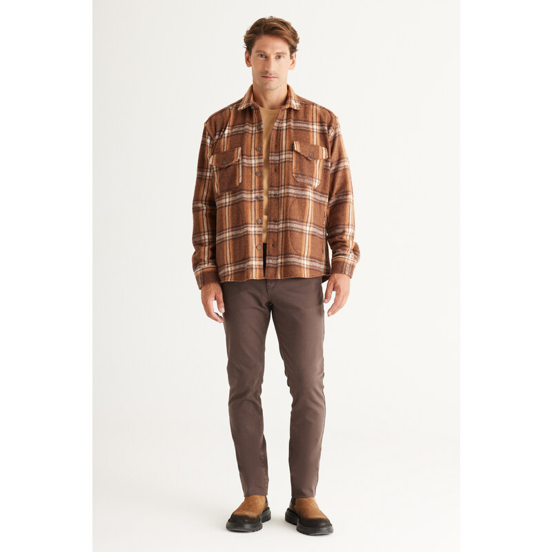 AC&Co / Altınyıldız Classics Men's Brown-mink Oversize Wide Cut Buttoned Collar Plaid Lumberjack Winter Shirt Jacket