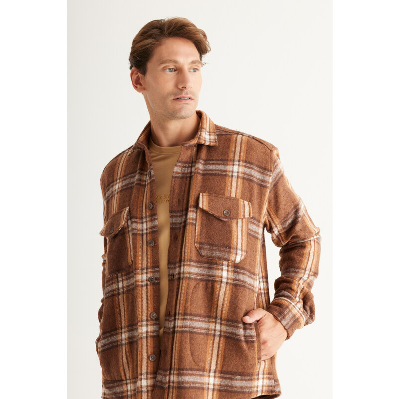 AC&Co / Altınyıldız Classics Men's Brown-mink Oversize Wide Cut Buttoned Collar Plaid Lumberjack Winter Shirt Jacket