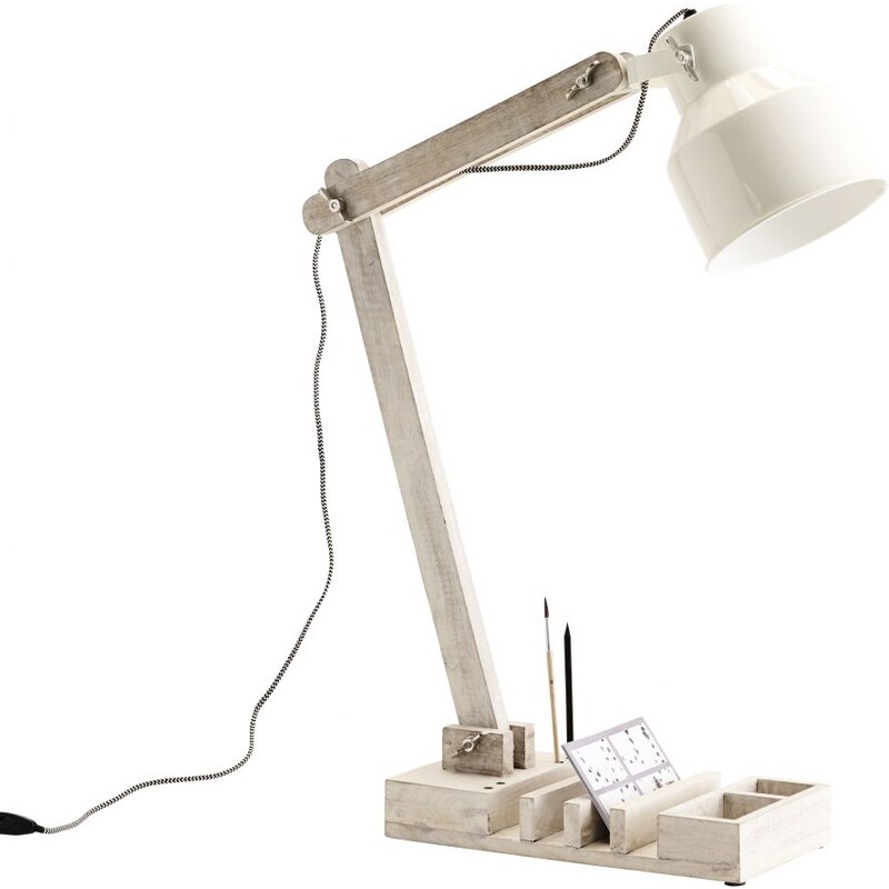 Madam Stoltz Stolní lampa s organizérem light white wood/white shade