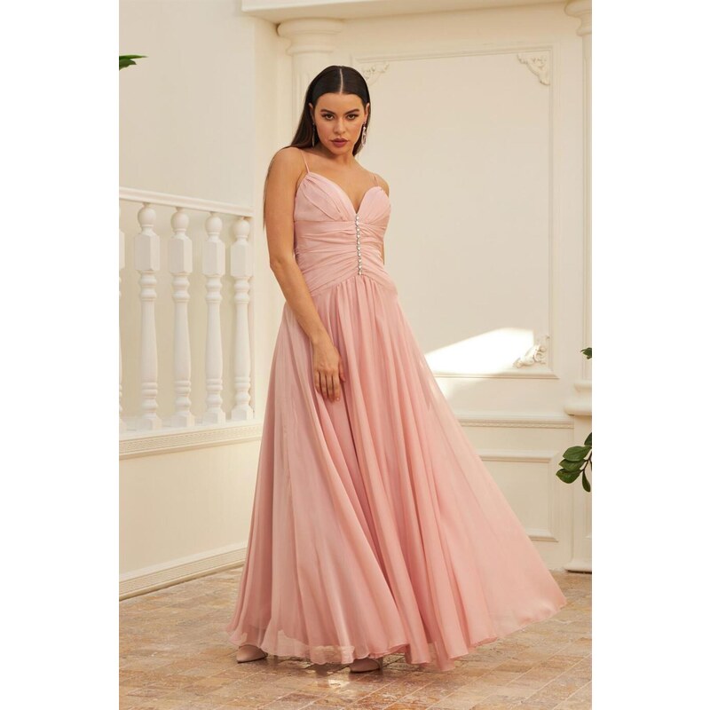 Carmen Powder Chiffon Strappy Collar Stone Long Evening Dress And Invitation Dress