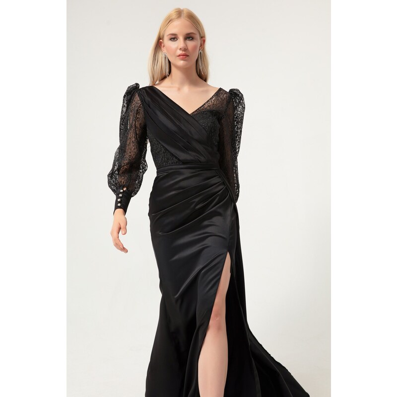 Lafaba Women's Black Double Breasted Collar Glittery Long Satin Evening Dress.