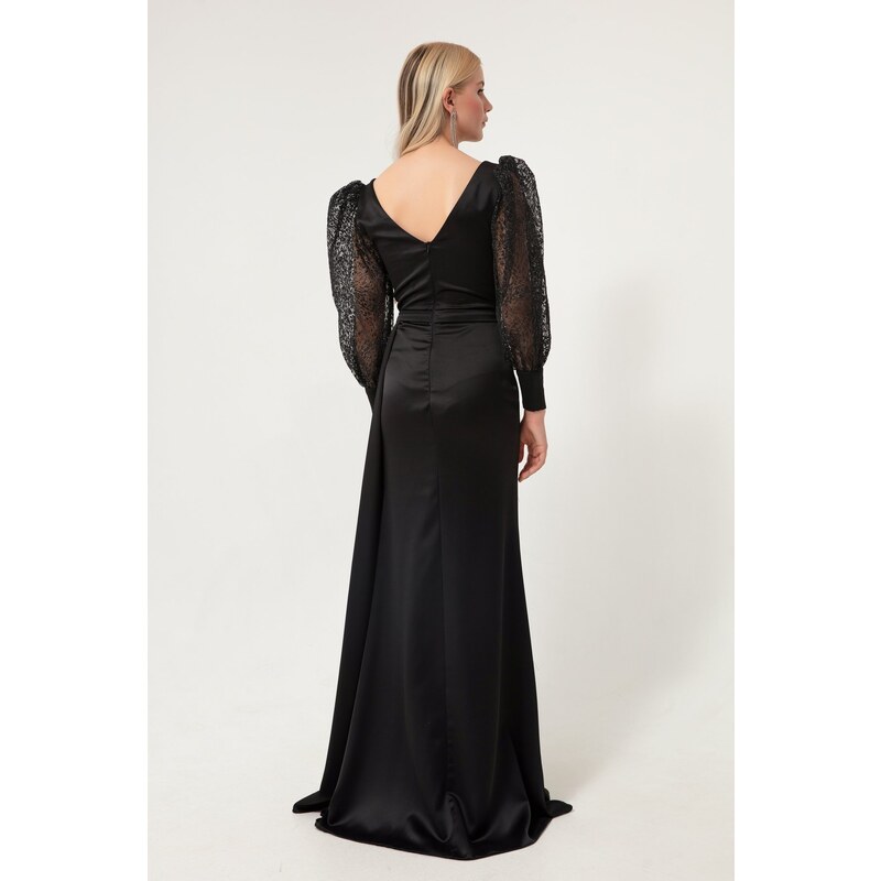 Lafaba Women's Black Double Breasted Collar Glittery Long Satin Evening Dress.