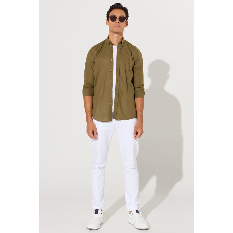 AC&Co / Altınyıldız Classics Men's K.khaki Slim Fit Buttoned Collar Linen Look 100% Cotton Flared Shirt