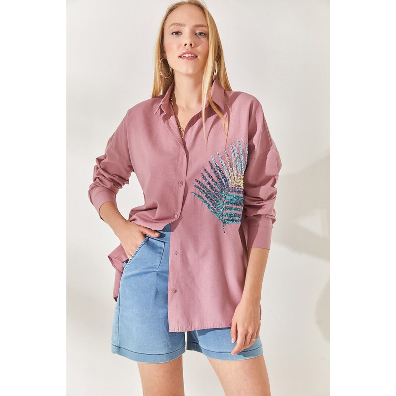 Olalook Dried Rose Palm Sequin Detailed Oversized Woven Poplin Shirt