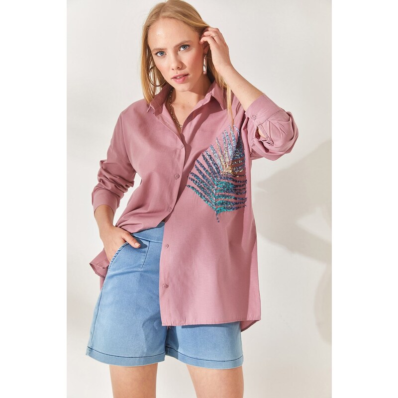 Olalook Dried Rose Palm Sequin Detailed Oversized Woven Poplin Shirt