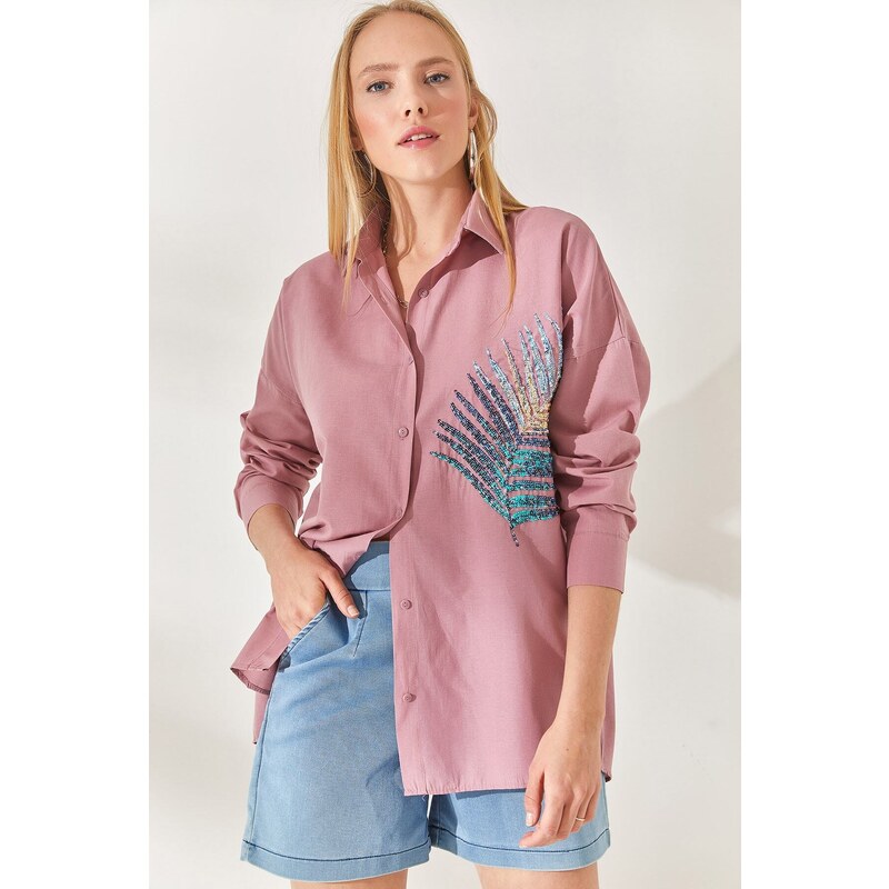 Olalook Dried Rose Palm Sequin Detailed Oversized Woven Poplin Shirt