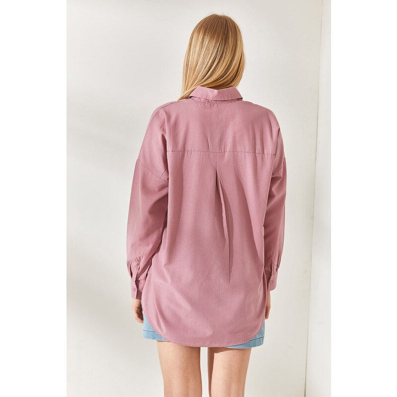 Olalook Dried Rose Palm Sequin Detailed Oversized Woven Poplin Shirt