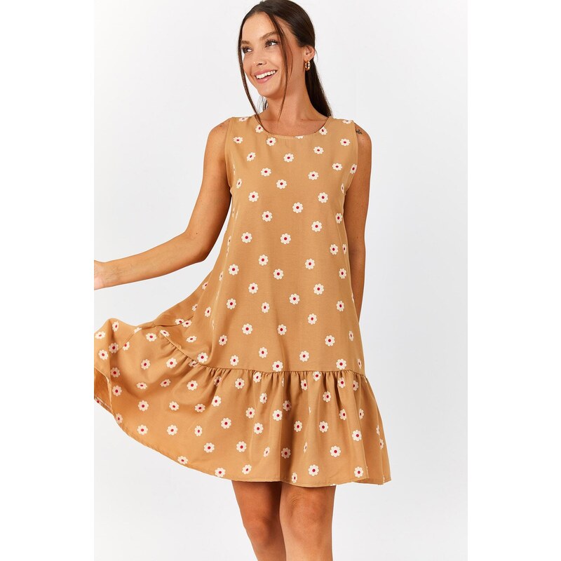 armonika Women's Beige Daisy Pattern Sleeveless Skirt with Frills Dress