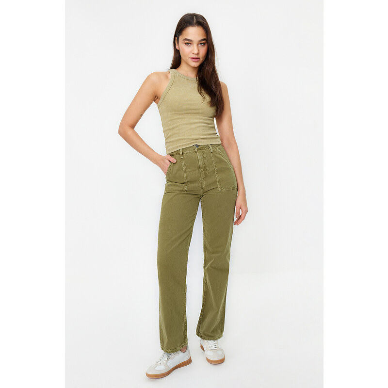 Trendyol Khaki Wash Effect Pocket Detailed High Waist Straight Jeans