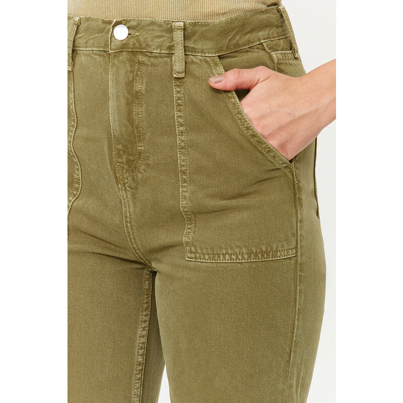 Trendyol Khaki Wash Effect Pocket Detailed High Waist Straight Jeans