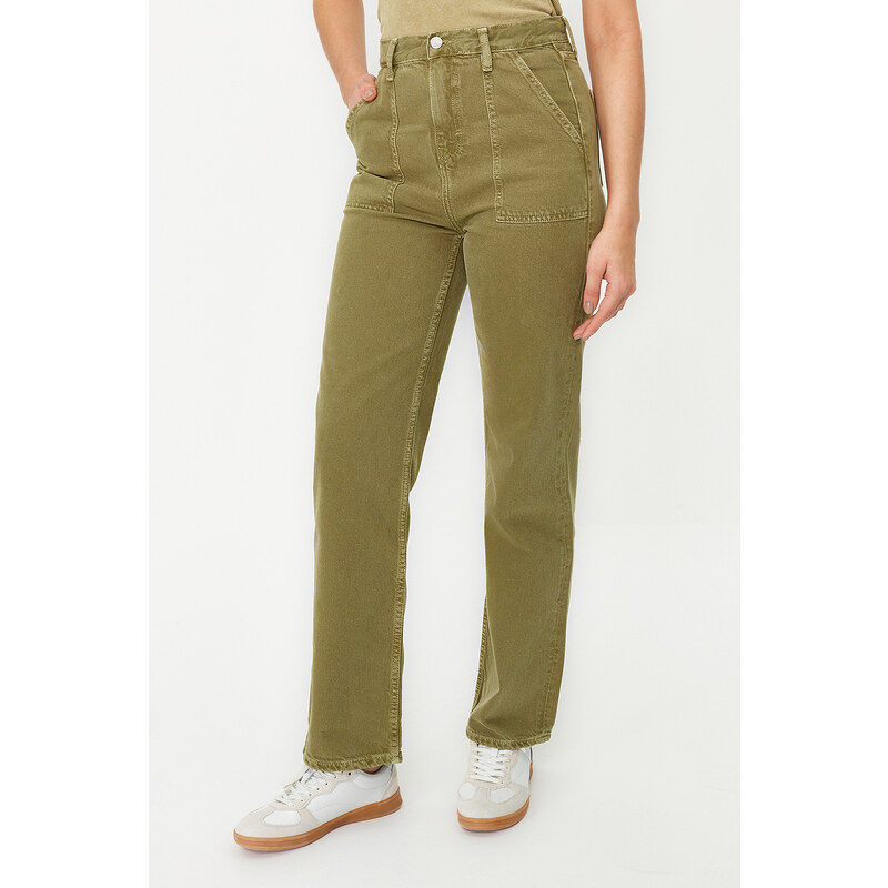 Trendyol Khaki Wash Effect Pocket Detailed High Waist Straight Jeans