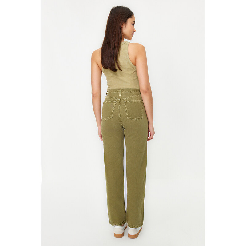 Trendyol Khaki Wash Effect Pocket Detailed High Waist Straight Jeans