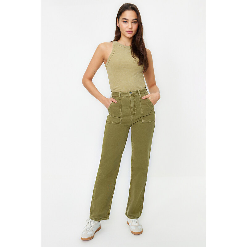 Trendyol Khaki Wash Effect Pocket Detailed High Waist Straight Jeans