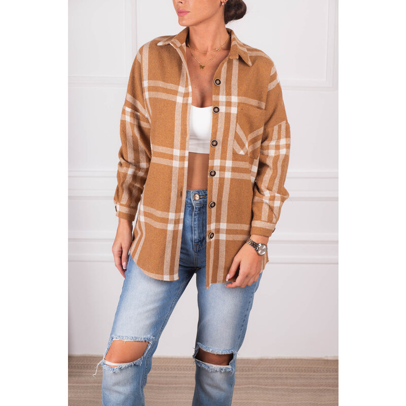 armonika Women's Mink Checked Pattern Oversized Shirt with Pocket and Stamp