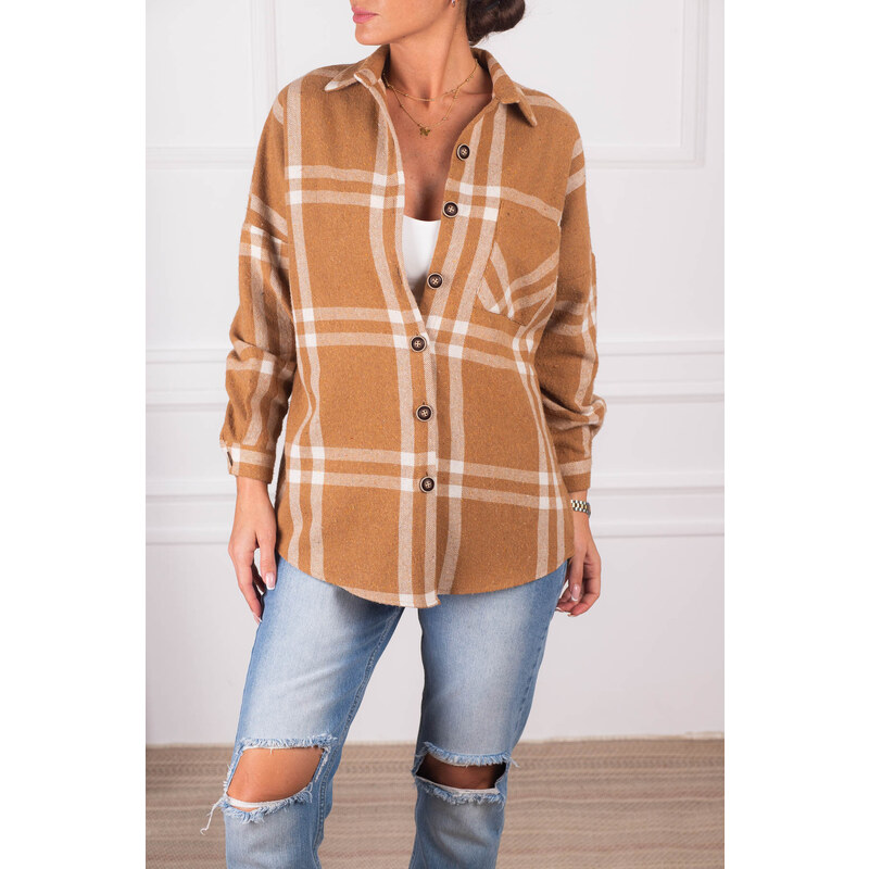 armonika Women's Mink Checked Pattern Oversized Shirt with Pocket and Stamp