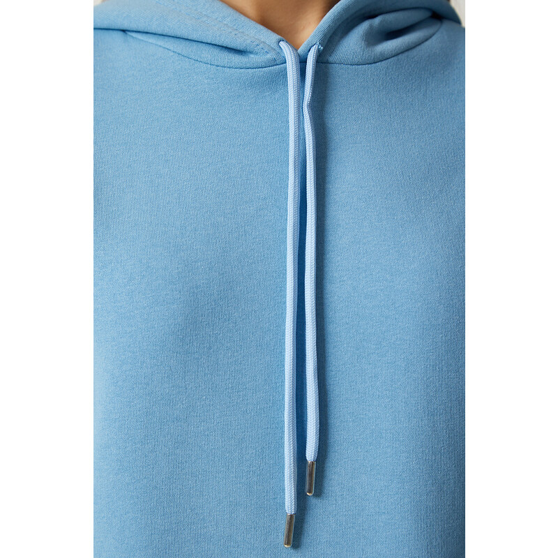 Happiness İstanbul Women's Light Blue Printed Hooded Sweatshirt