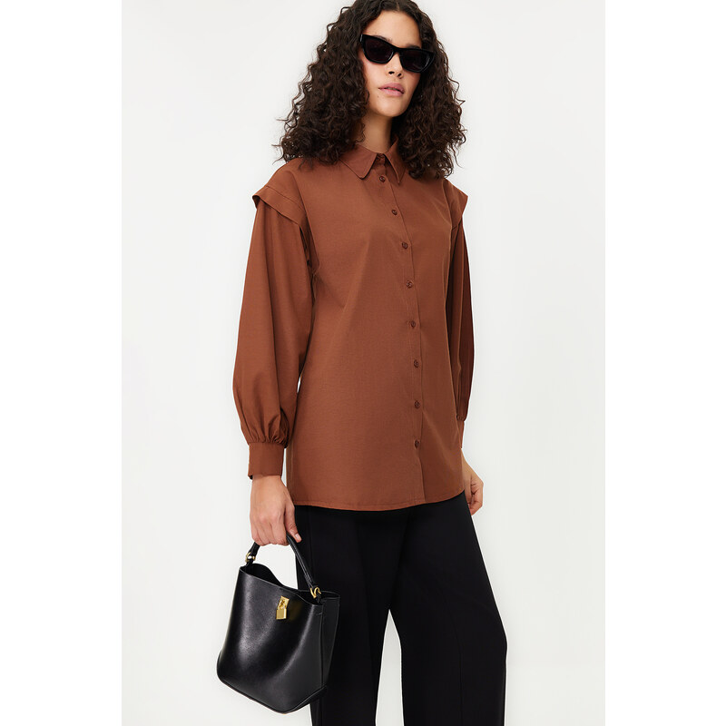 Trendyol Dark Brown Balloon Sleeve Cotton Woven Shirt